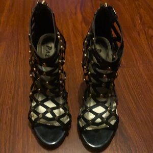 Black open toe heels with gold studs